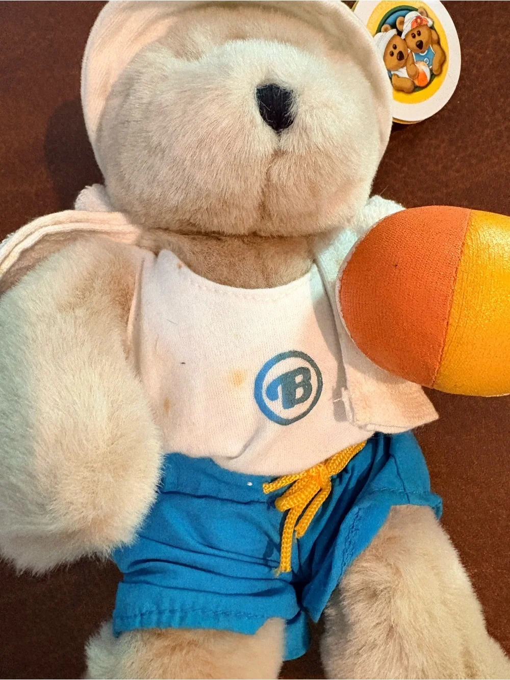 Starbucks Plush Bear in Blue Swim Shorts with Yellow-Orange Beach Ball 2002